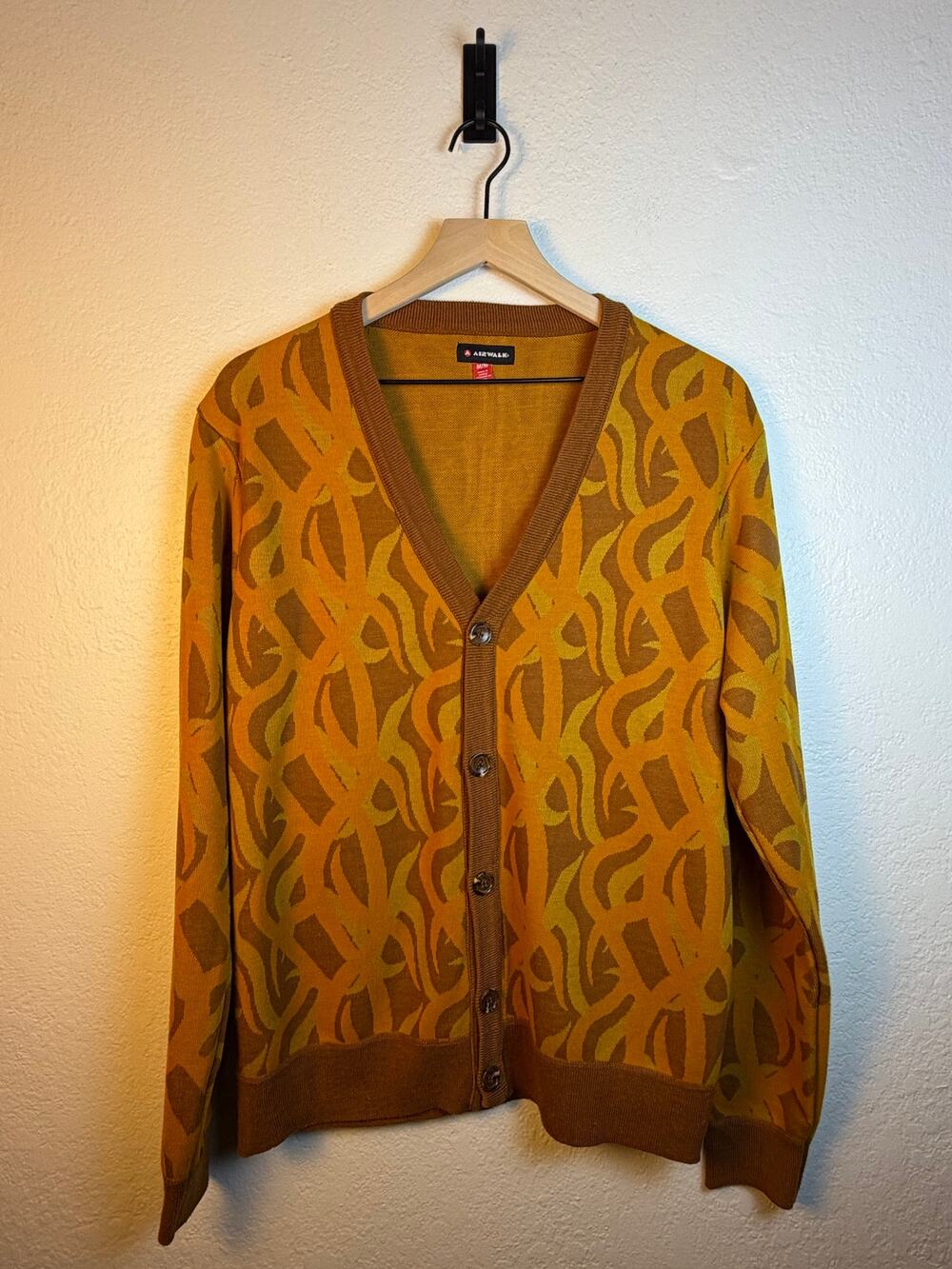 Airwalk Y2K Flame Tribal Pattern Knit Cardigan Mustard Brown Medium